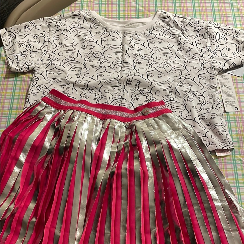 Disney Graphic Face Print Top and Pink Silver Skirt Set